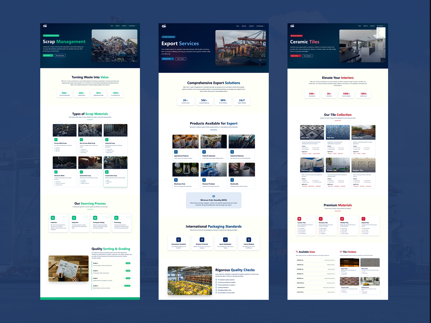 Full-page screenshots of individual business pages including Scrap, Export, and Tiles, showcasing structured content and layout.