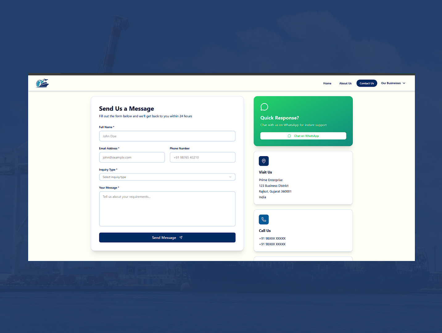 Contact page with business contact details and customer inquiry form