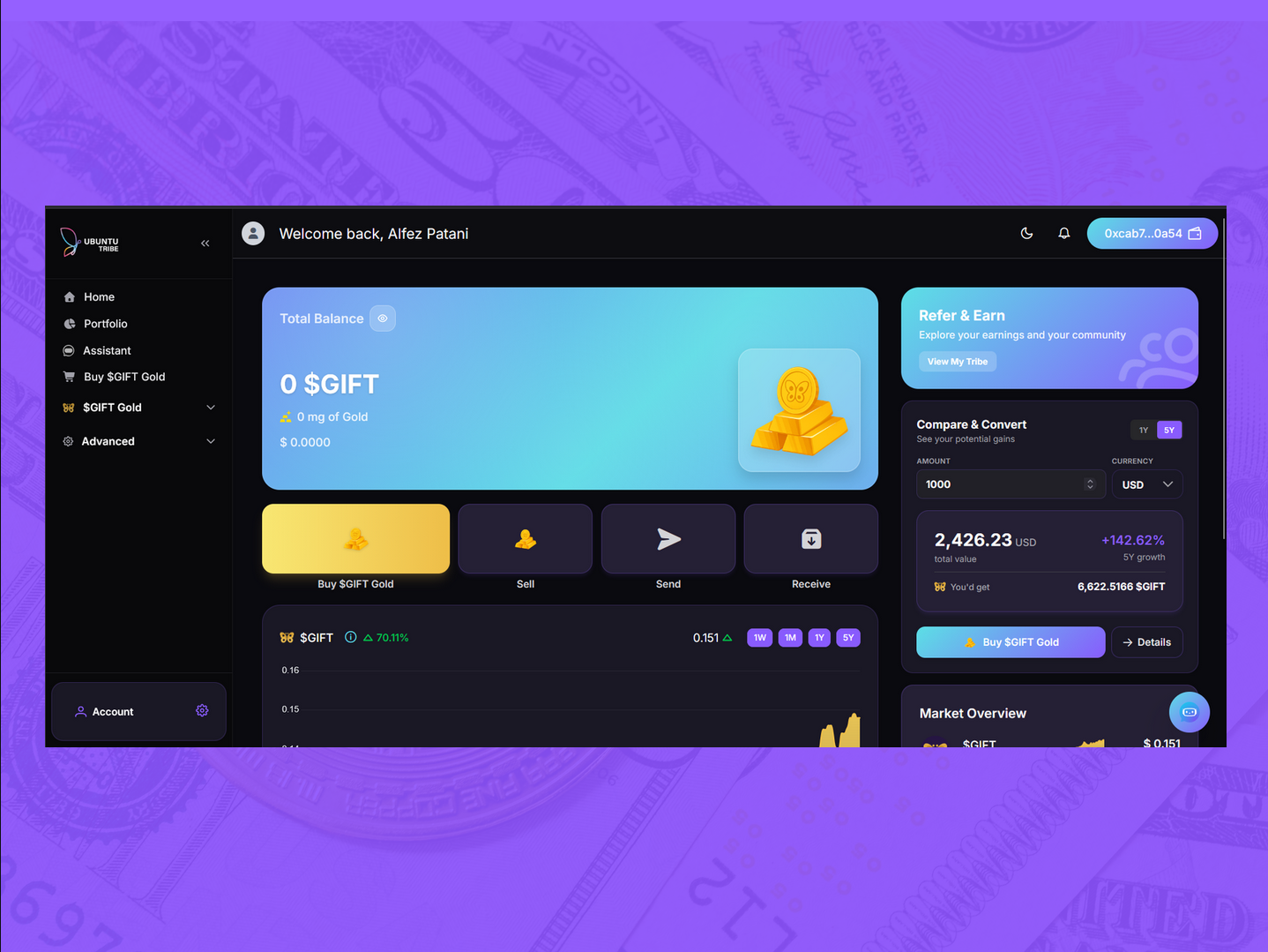 Homepage hero showcasing regulated digital gold ownership and platform features