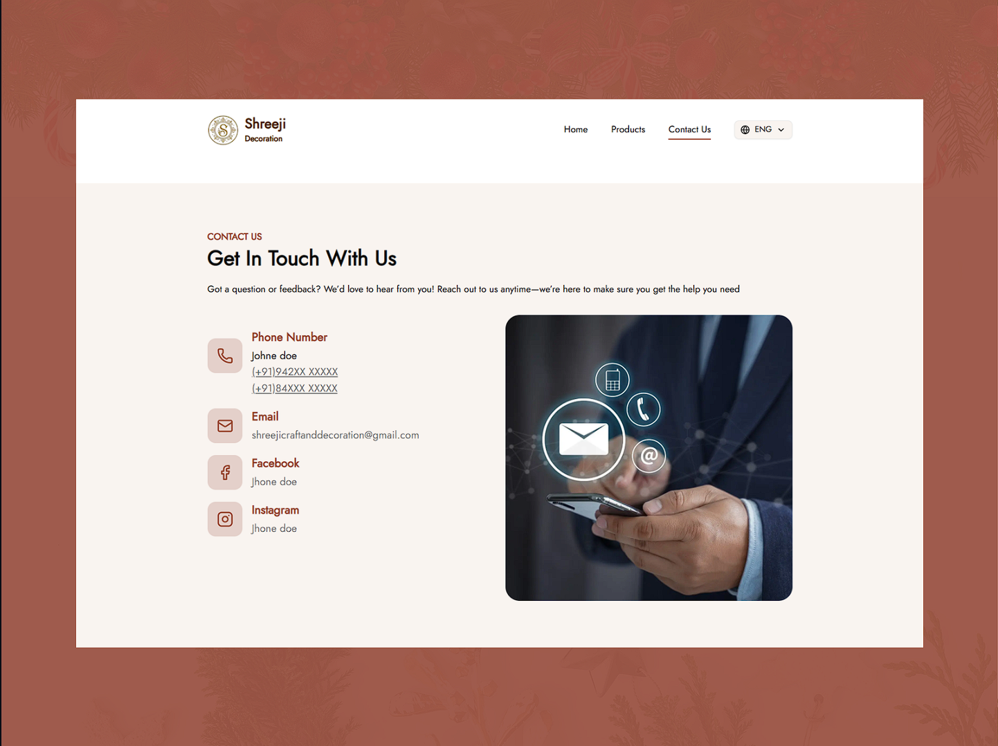 Contact page design showing clear contact details and an easy way for customers to connect with the business.