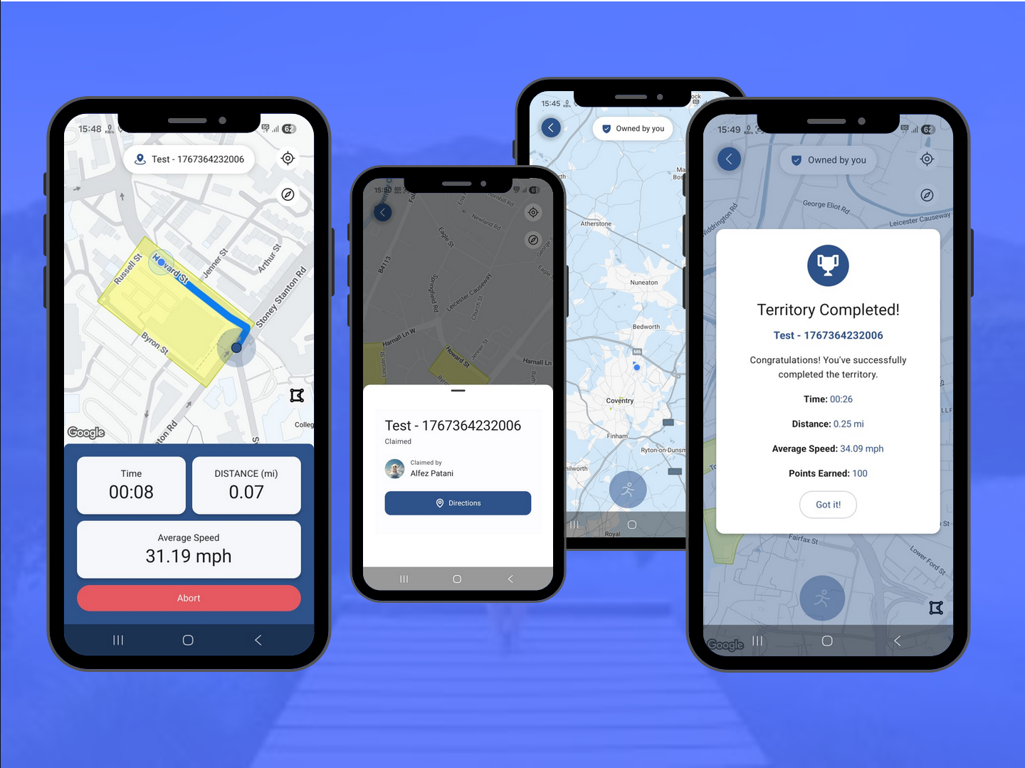 Interactive map showing predefined territories and user current location