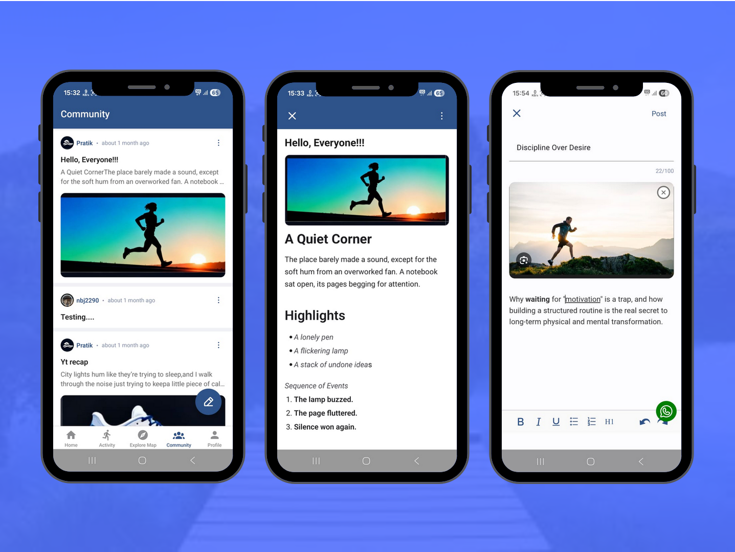 Community feed displaying admin posts and user engagement features